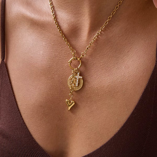 Collar 3 Dijes - Moneda, Cruz y Corazón | Dorado