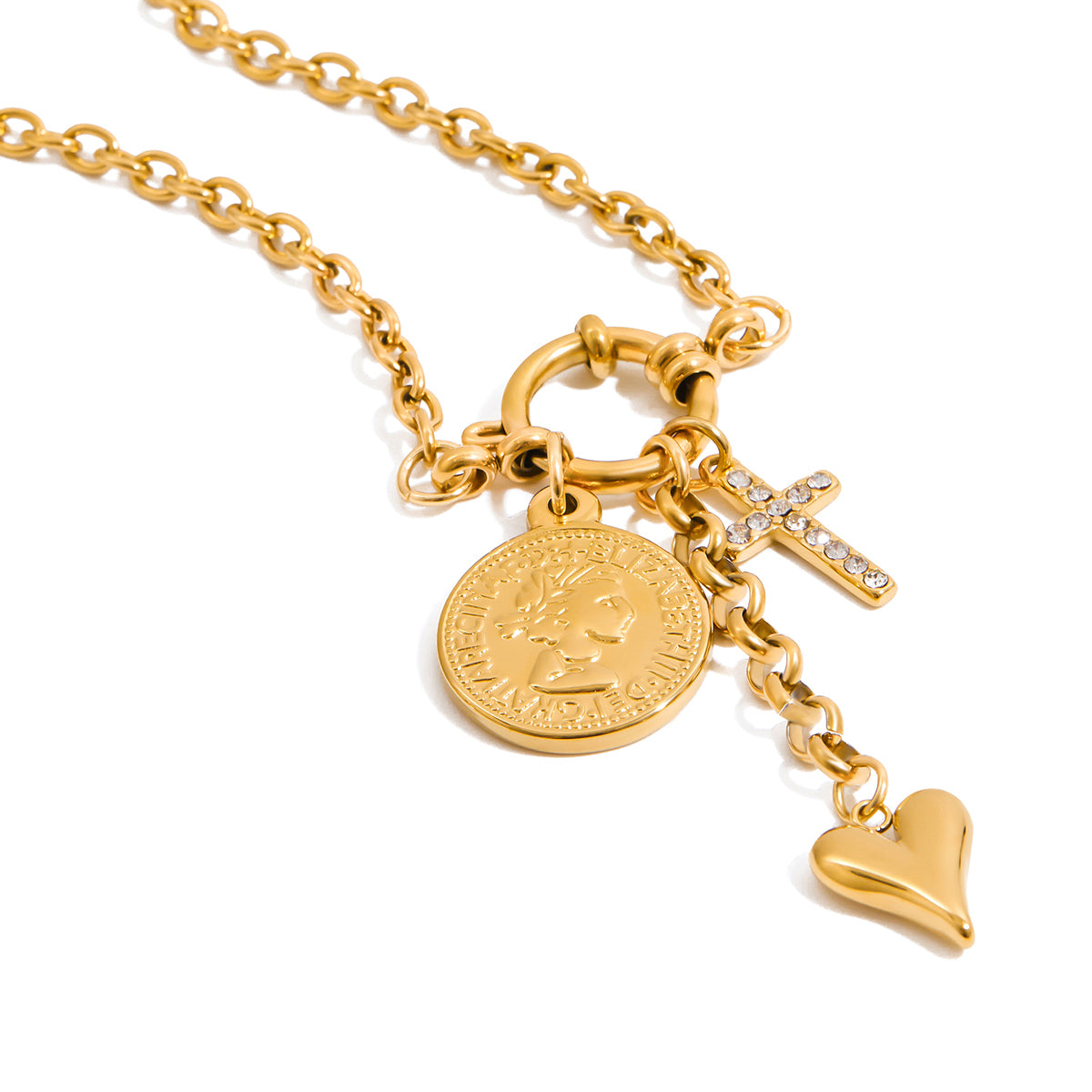 Collar 3 Dijes - Moneda, Cruz y Corazón | Dorado