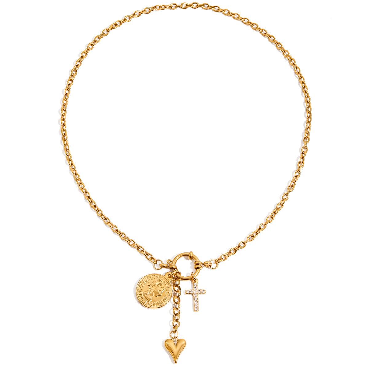 Collar 3 Dijes - Moneda, Cruz y Corazón | Dorado