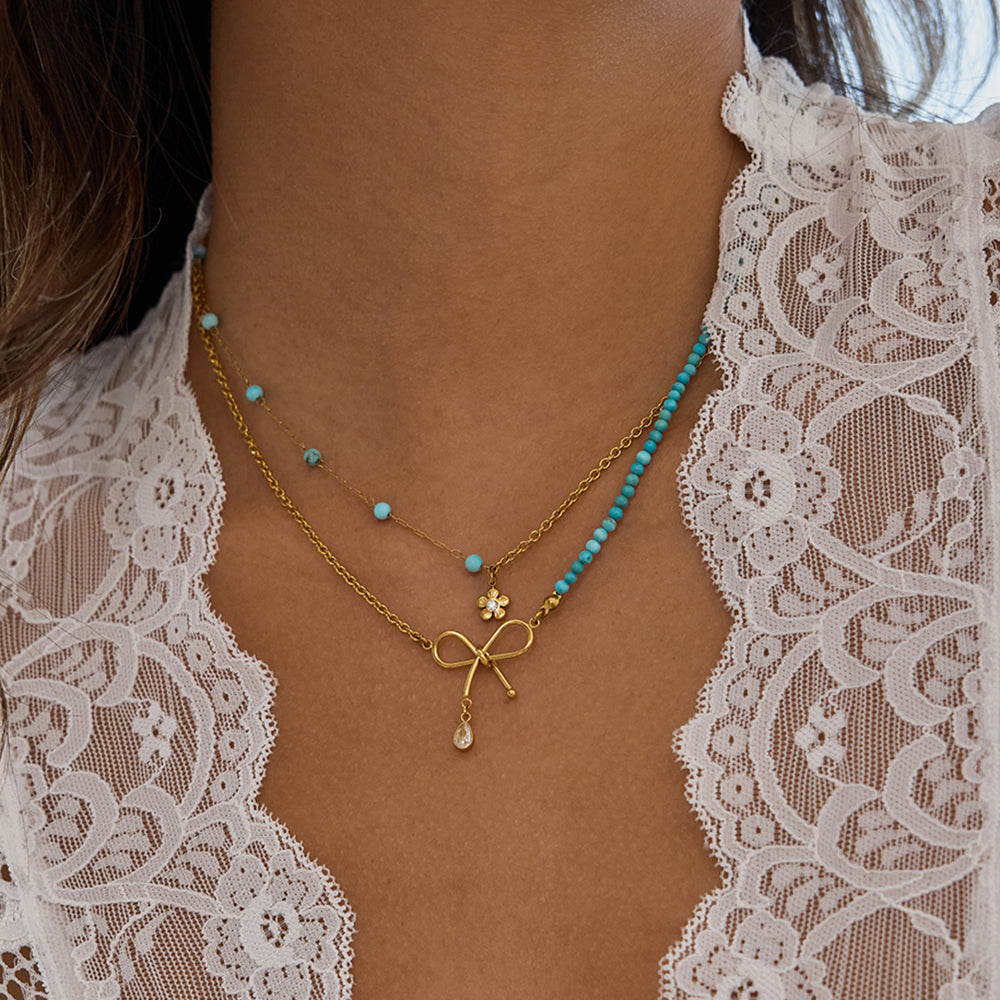 Collar Doble Turquesa Dije Lazo | Dorado