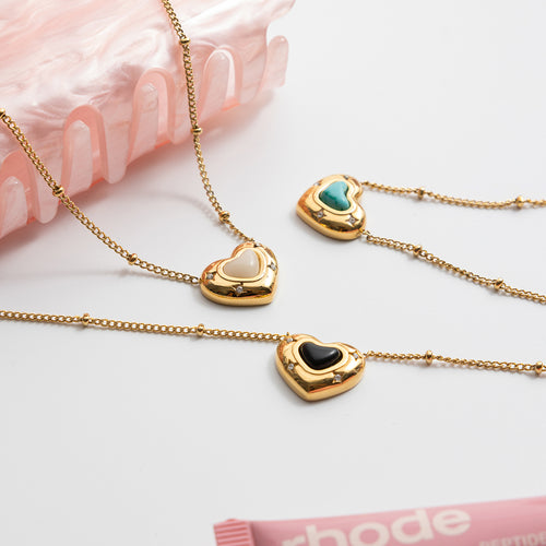 Collar Dije De Corazón Con Piedra Natural Negra | Dorado