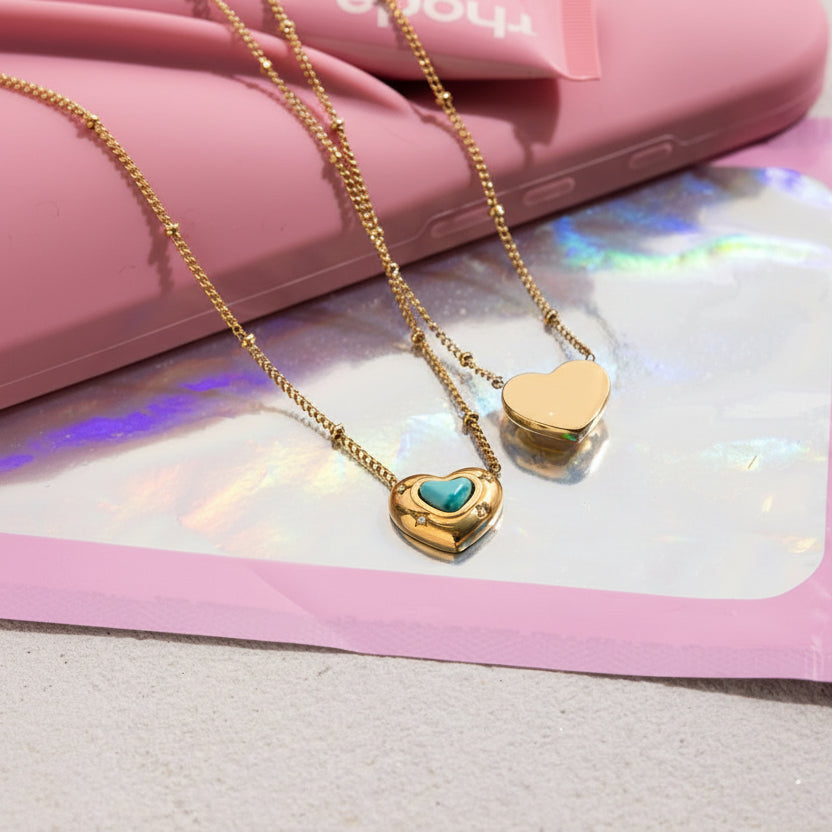Collar Dije De Corazón Con Piedra Natural Azul | Dorado