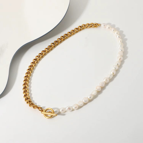 Collar Cadena Mitad Perla  | Dorado