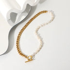 Collar Cadena Mitad Perla  | Dorado