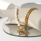 Collar Cadena Mitad Perla  | Dorado