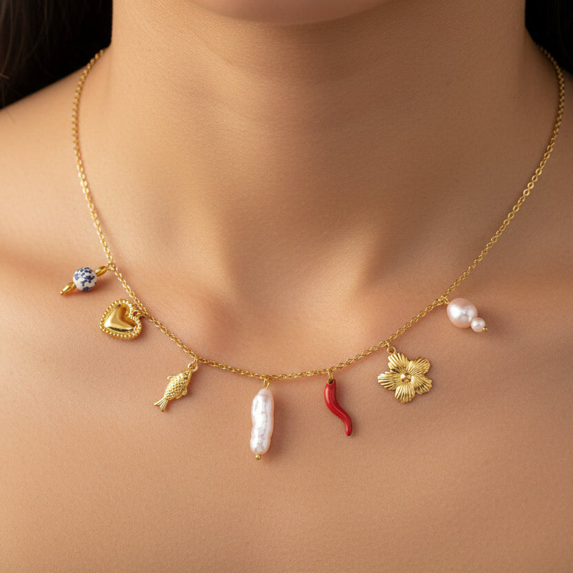 Collar Multi Dijes Flor Y Pez | Dorado