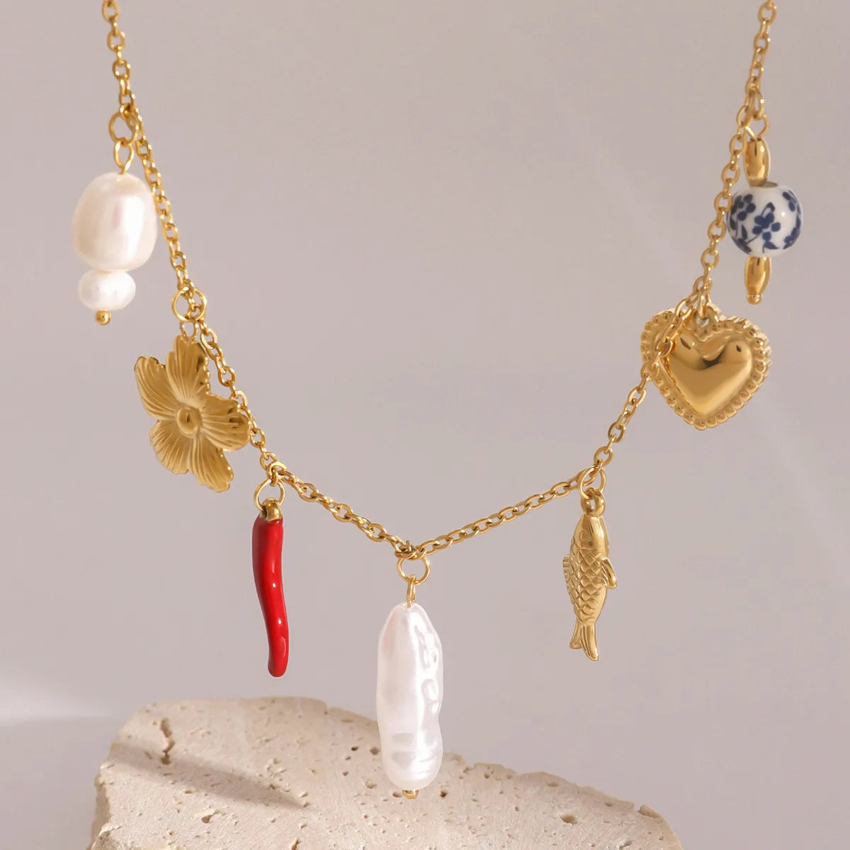 Collar Multi Dijes Flor Y Pez | Dorado