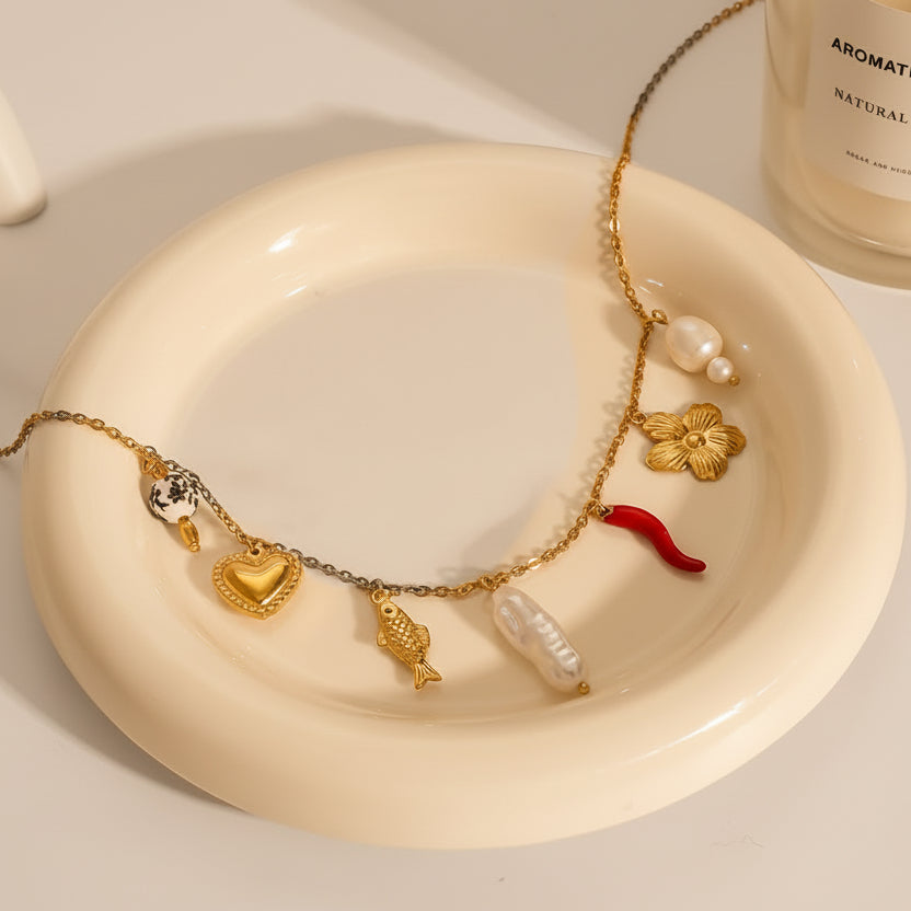 Collar Multi Dijes Flor Y Pez | Dorado