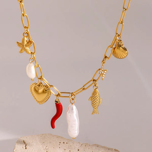 Collar Multi Dijes Con Cornicello Rojo Y Pez | Dorado
