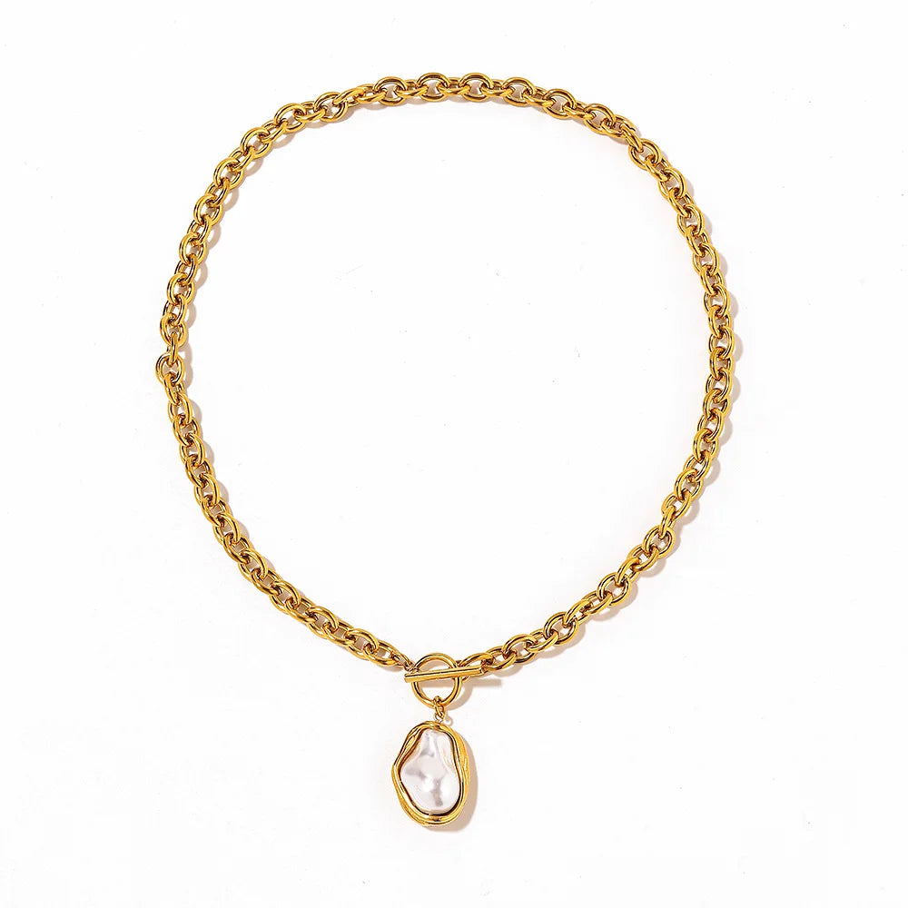 Collar De Eslabones Ovalados Con Perla Barroca | Dorado