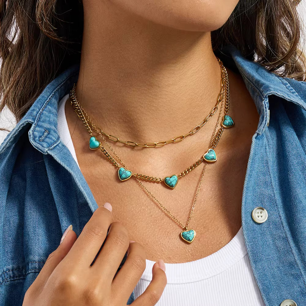 Collar con 1 Dije de Corazón Turquesa | Dorado