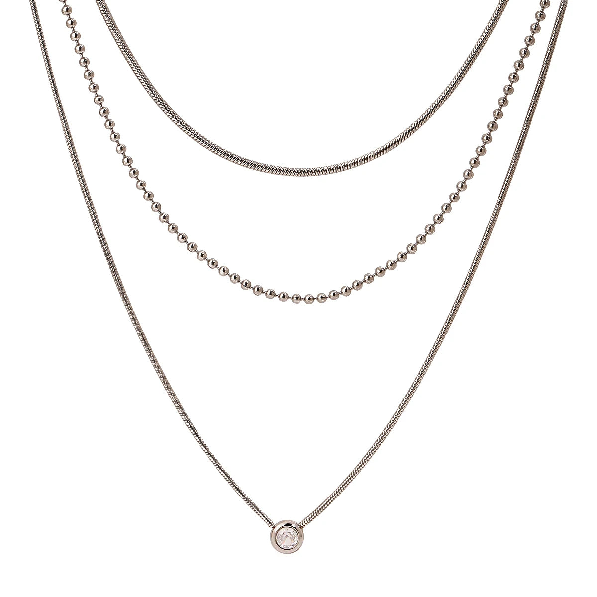Collar Layering Triple Capa Con Punto De Luz En Circón Minimalista | Plateado