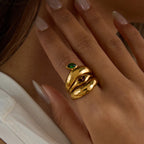 Anillo Geometrico Circular Piedra Verde | Dorado