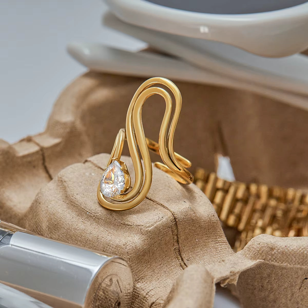 Anillo Piedra Brillante en S | Dorado
