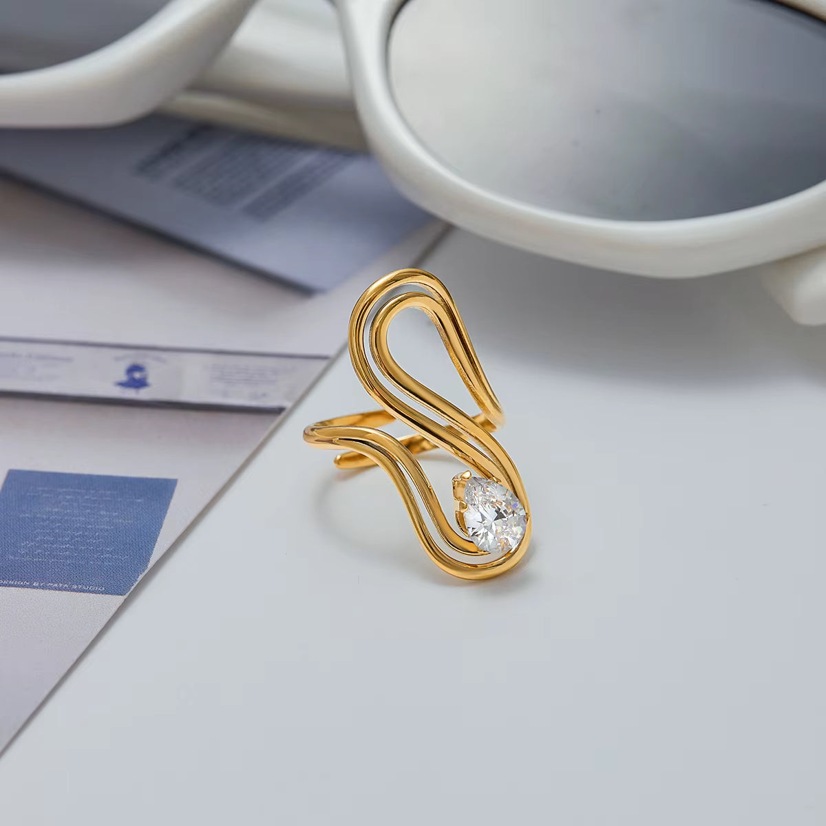 Anillo Piedra Brillante en S | Dorado