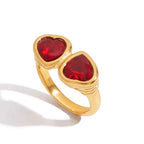Anillo Doble Gema De Corazon Rojo | Dorado