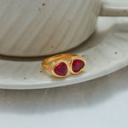 Anillo Doble Gema De Corazon Rojo | Dorado