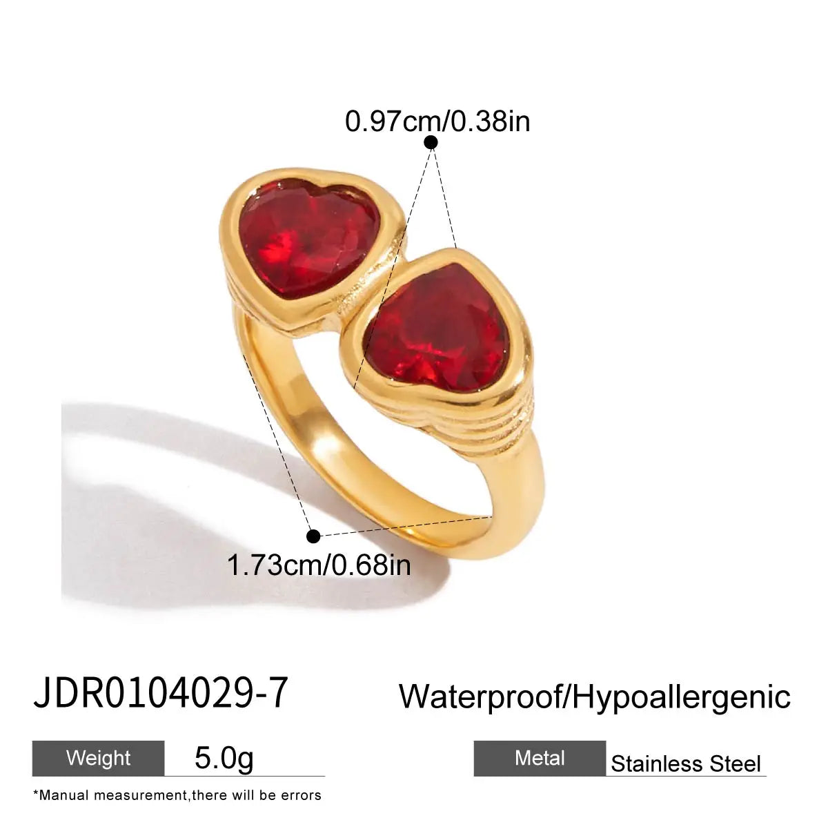 Anillo Doble Gema De Corazon Rojo | Dorado