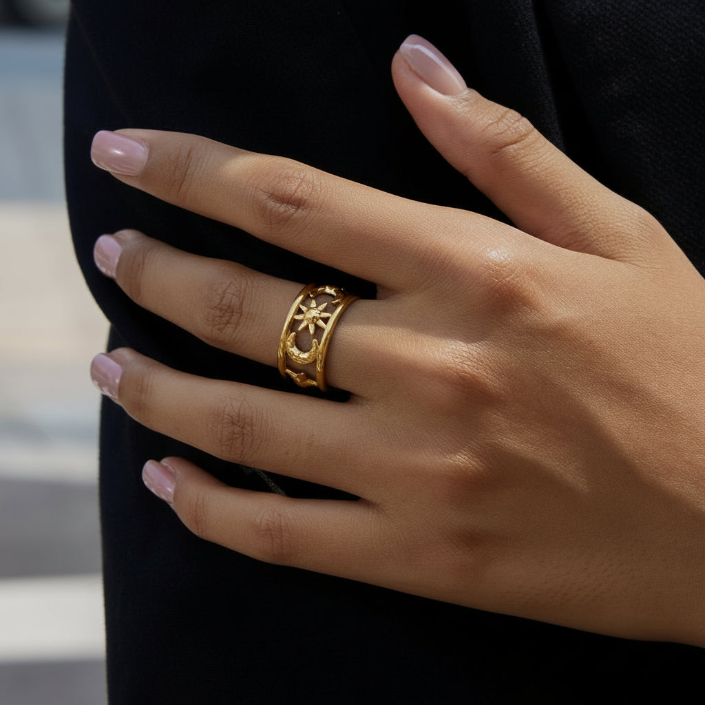 Anillos Luna Sol Banda Plateada y Dorado