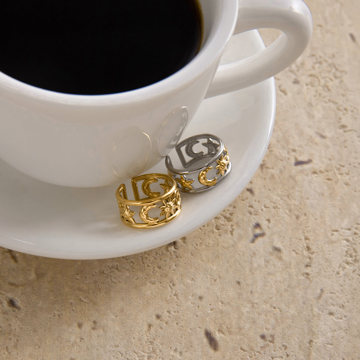 Anillos Luna Sol Banda Plateada y Dorado