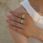 Anillos De Banda Ancha Con Gema Ovalada | Dorado Plateado