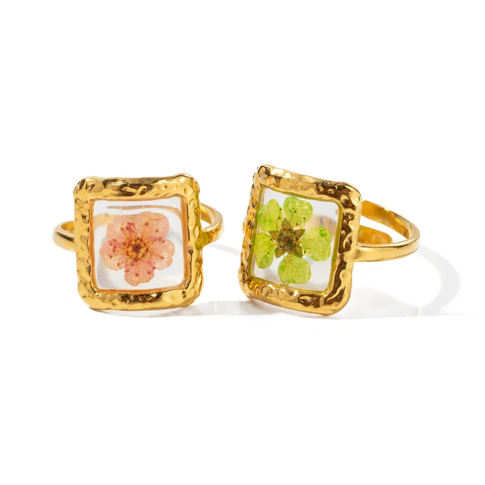 Anillos Cuadrados Flor Preservada Rosa/Verde | Dorado
