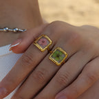 Anillos Cuadrados Flor Preservada Rosa/Verde | Dorado