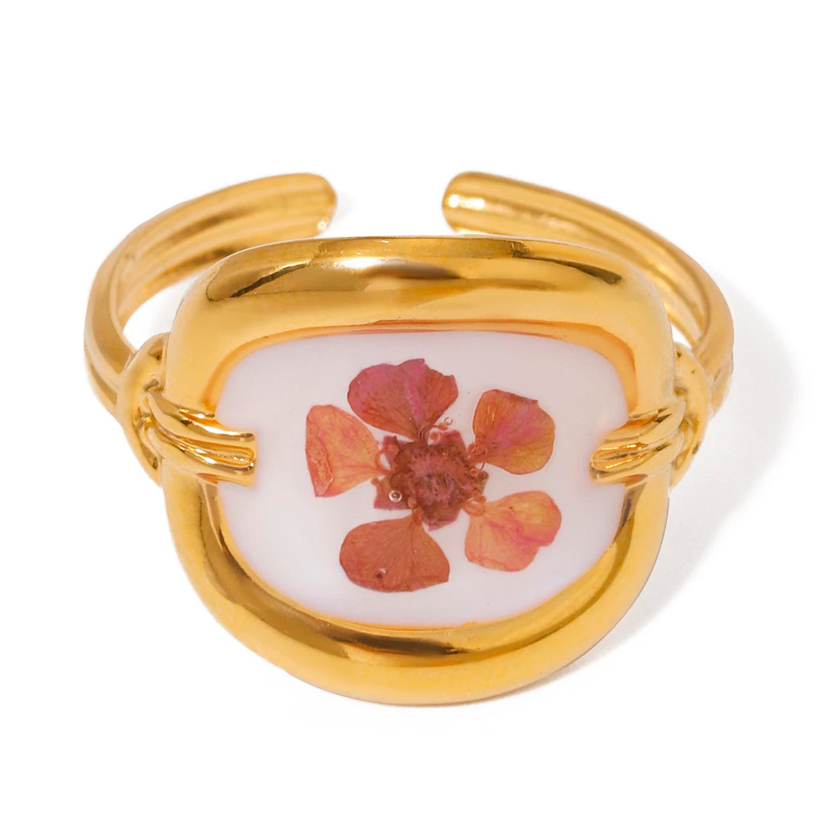 Anillo Ovalado Resina Flor Roja | Dorado