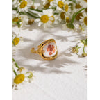 Anillo Ovalado Resina Flor Roja | Dorado