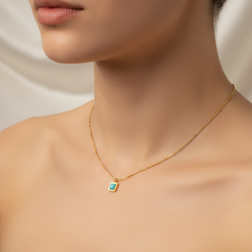 Collar Puntos Con Dije Cuadrado Azul/Celeste Ojo de Gato | Dorado