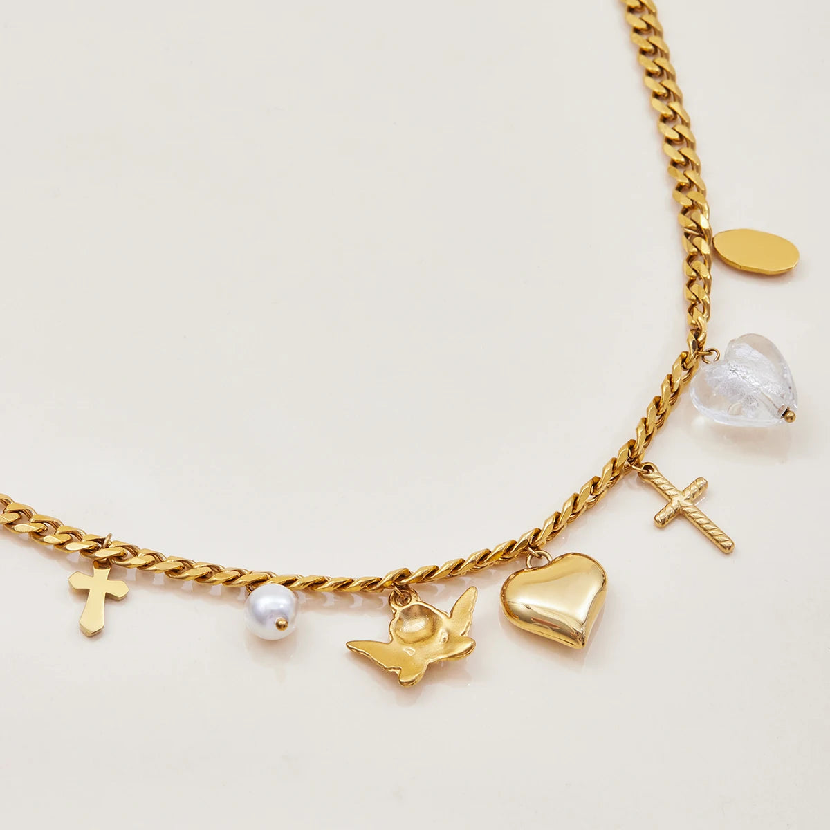 Collar Multi Dijes Corazon, Cruz, Virgen, Perla, Ángel | Dorado