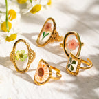 Anillos Ovalados de Resina Floreados | Dorado