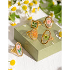Anillos Ovalados de Resina Floreados | Dorado