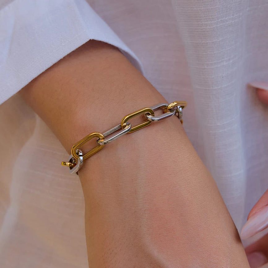 Pulsera Urbana De Eslabon Grueso En Contraste Metalico | Bicolor