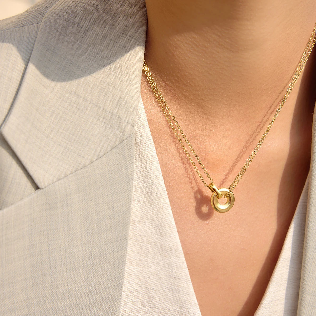 Collar Doble Capa Con Cadena en O de Doble Anillo | Dorado