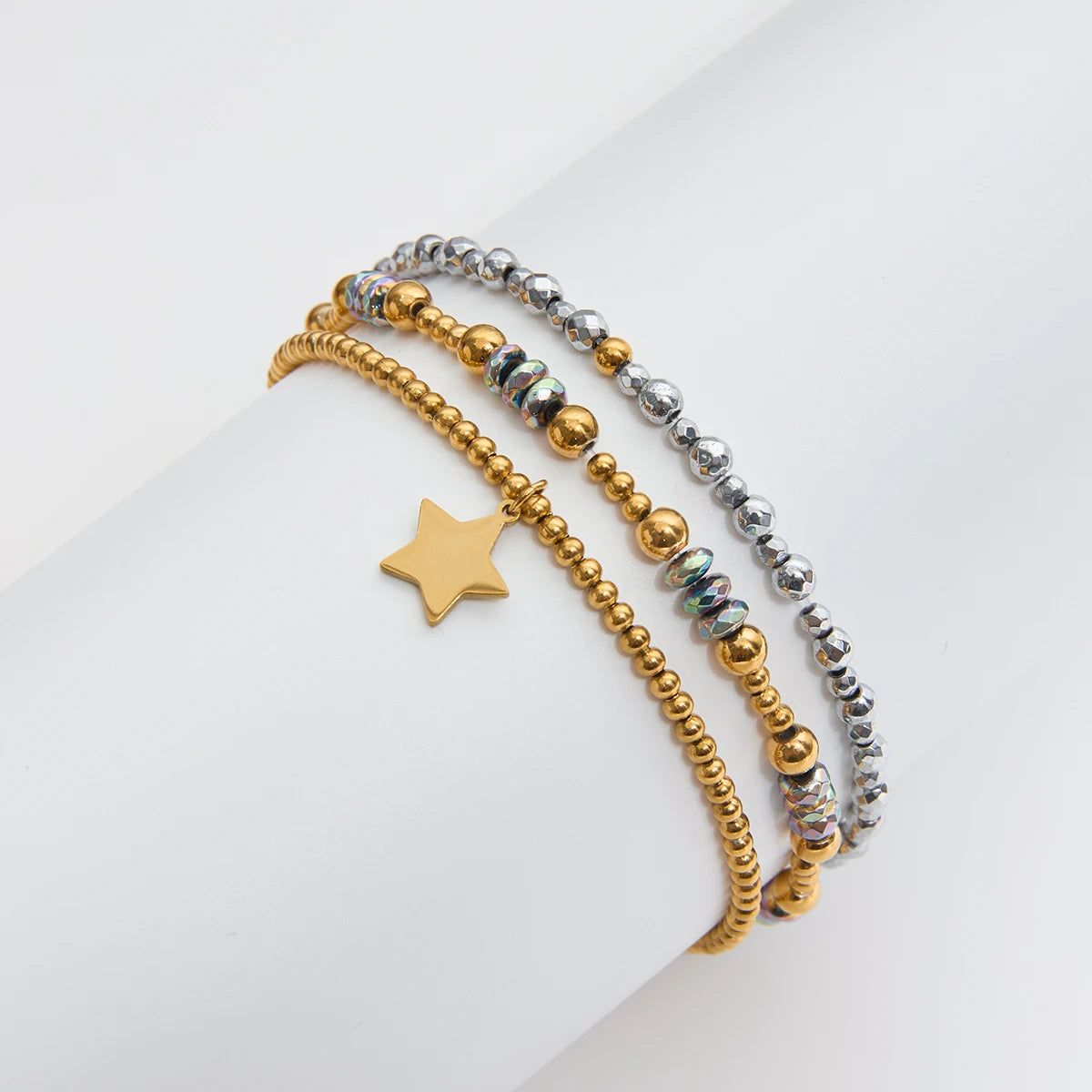 Pulseras Elásticas con Cuencas Facetadas y Dije de Estrella | Dorado y Plateado