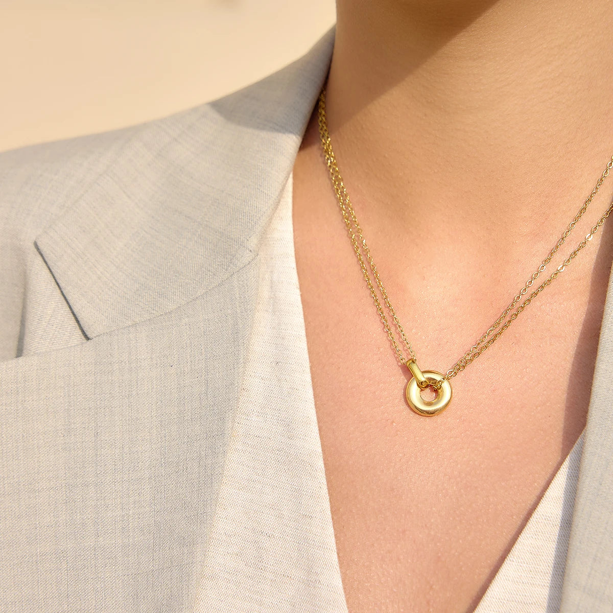Collar Doble Capa Con Cadena en O de Doble Anillo | Dorado