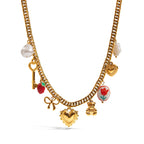 Collar Multi Dijes Llave, Corazon, Cerámica, Lazo, Perla | Dorado