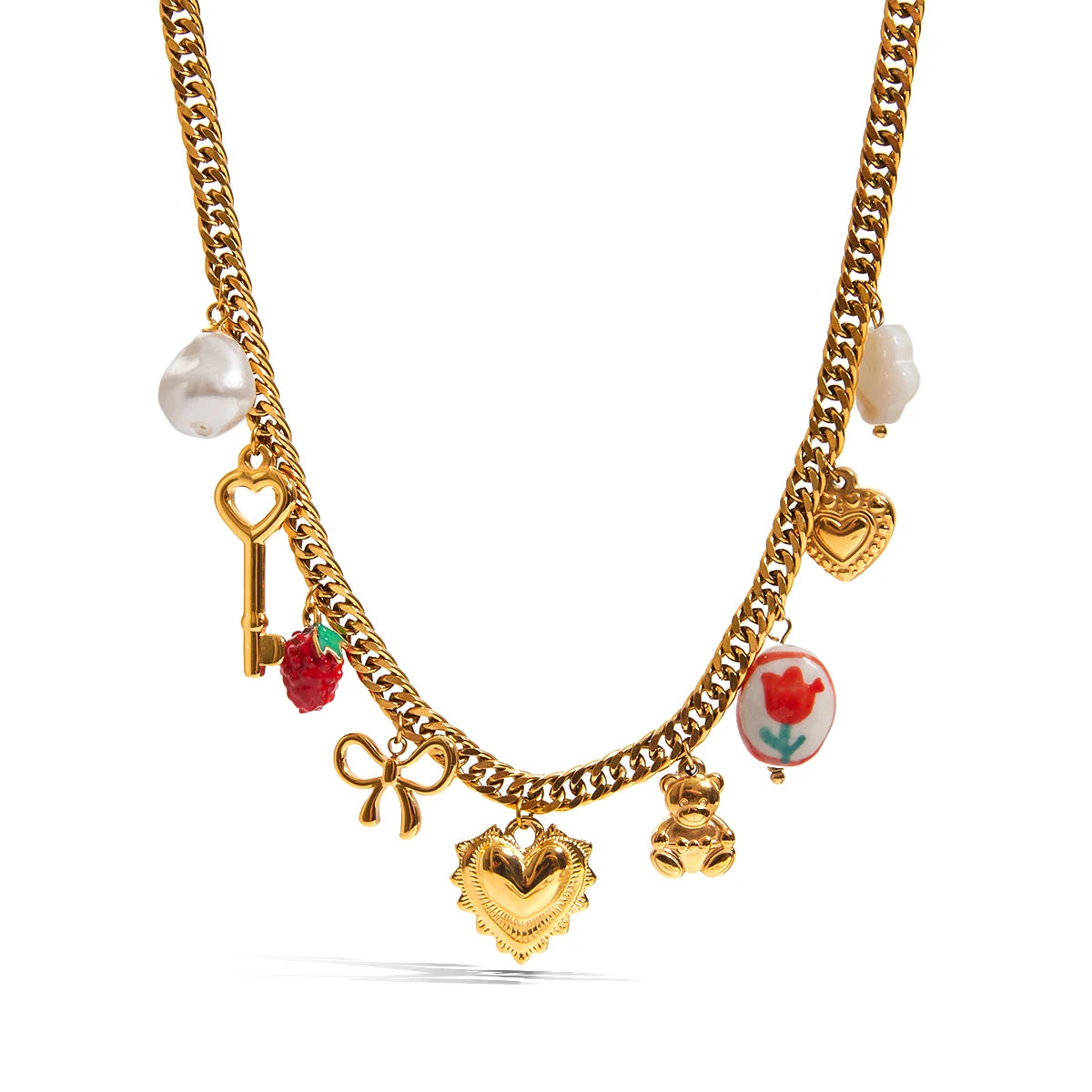 Collar Multi Dijes Llave, Corazon, Cerámica, Lazo, Perla | Dorado