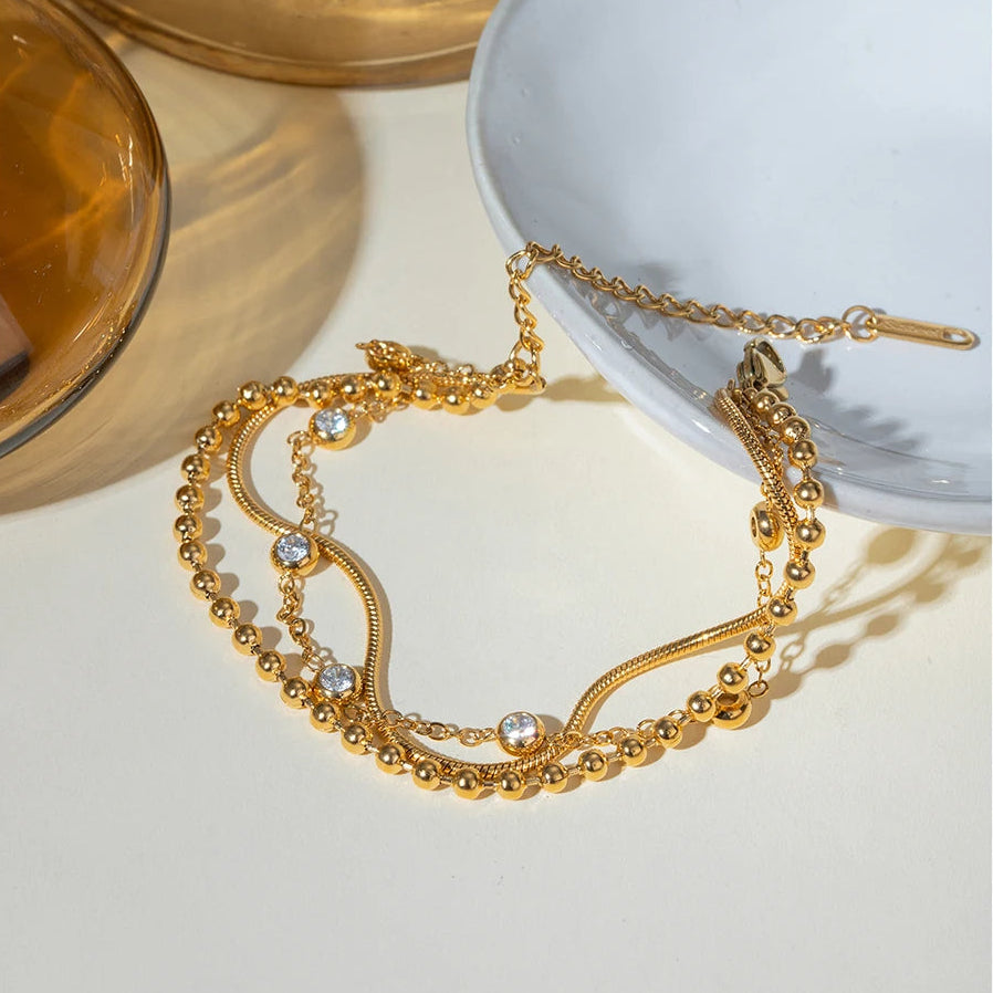 Pulsera Triple Cadena Con Puntos Y Circones | Dorado