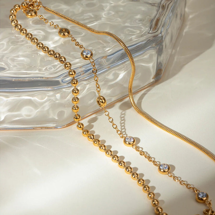 Pulsera Triple Cadena Con Puntos Y Circones | Dorado