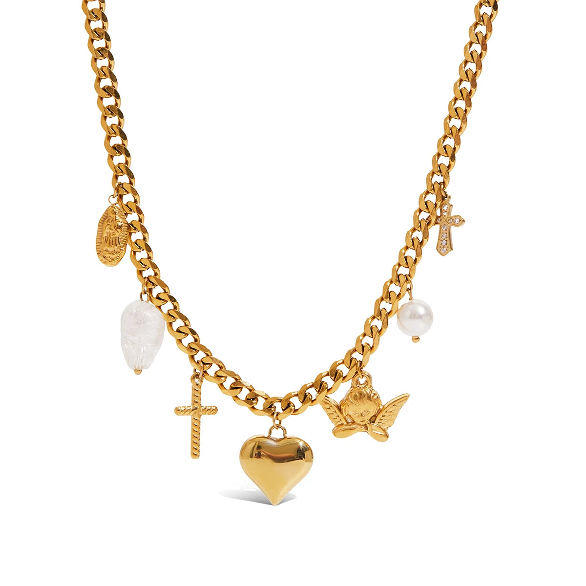 Collar Multi Dijes Corazon, Cruz, Virgen, Perla, Ángel | Dorado