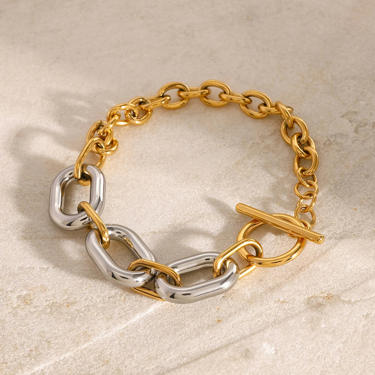 Pulsera De Eslabones Gruesos Combinados Con Broche De Timon | Bicolor