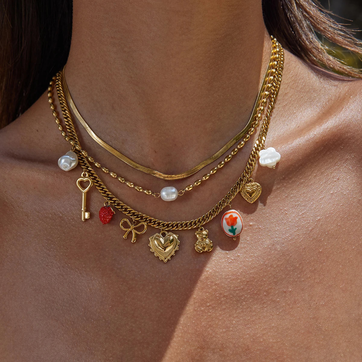 Collar Multi Dijes Llave, Corazon, Cerámica, Lazo, Perla | Dorado