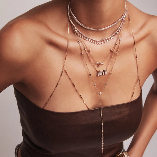 Collar Largo Forma Y Puntos Brillantes | Dorado