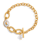 Pulsera De Eslabones Con Dije De Flor Vintage Y Perla | Dorado