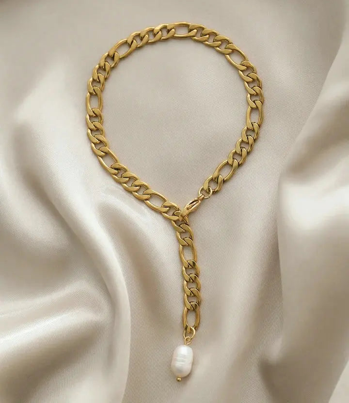 Tobillera De Cadena Figaro Con Perla Natural Central | Dorado