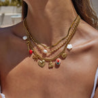 Collar Multi Dijes Llave, Corazon, Cerámica, Lazo, Perla | Dorado