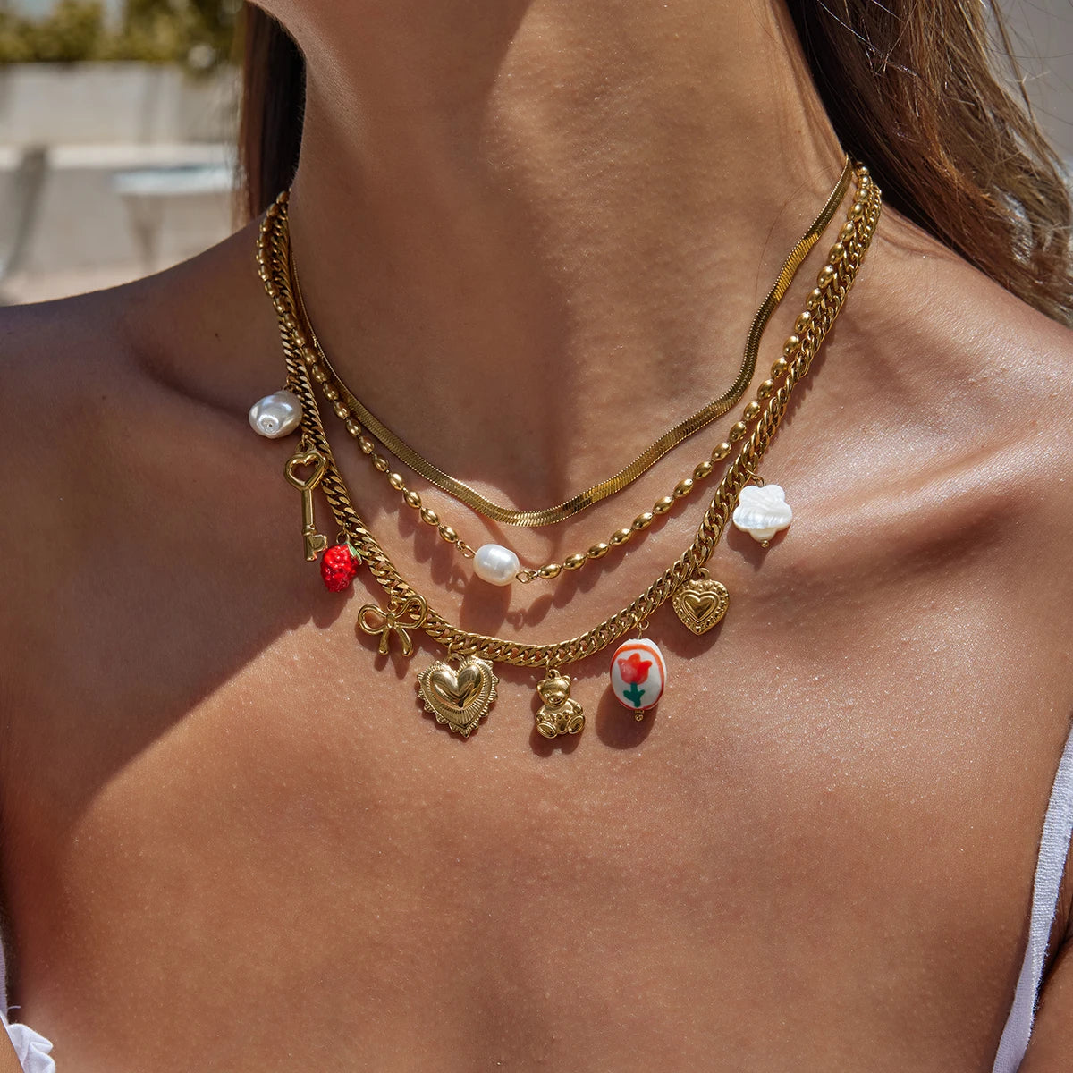 Collar Multi Dijes Llave, Corazon, Cerámica, Lazo, Perla | Dorado