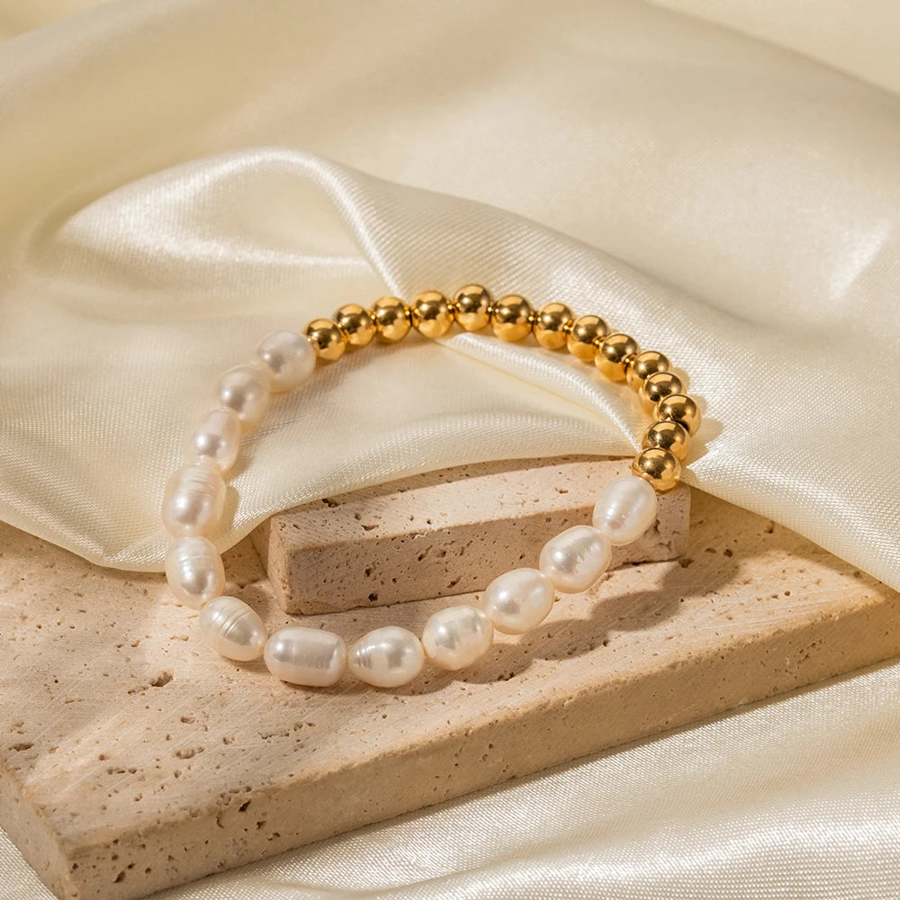 Pulsera Elastica De Perlas Naturales Con Cuentas Esfericas | Dorado